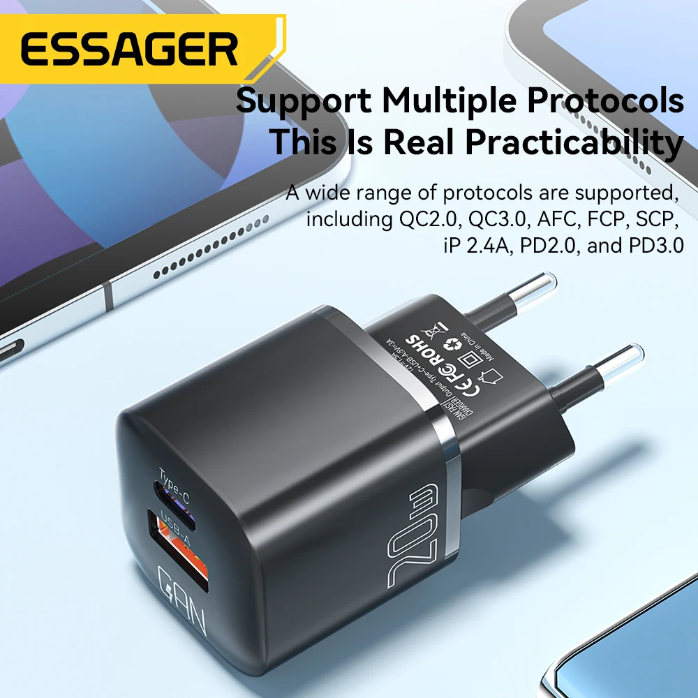 Essager 20 Вт GaN USB Type C Зарядное устройство PD Быстрая зарядка Телефон QC 3.0 Быстрое зарядное устройство для iPhone 14 13 12 11 Pro Max Mini iPad Зарядка