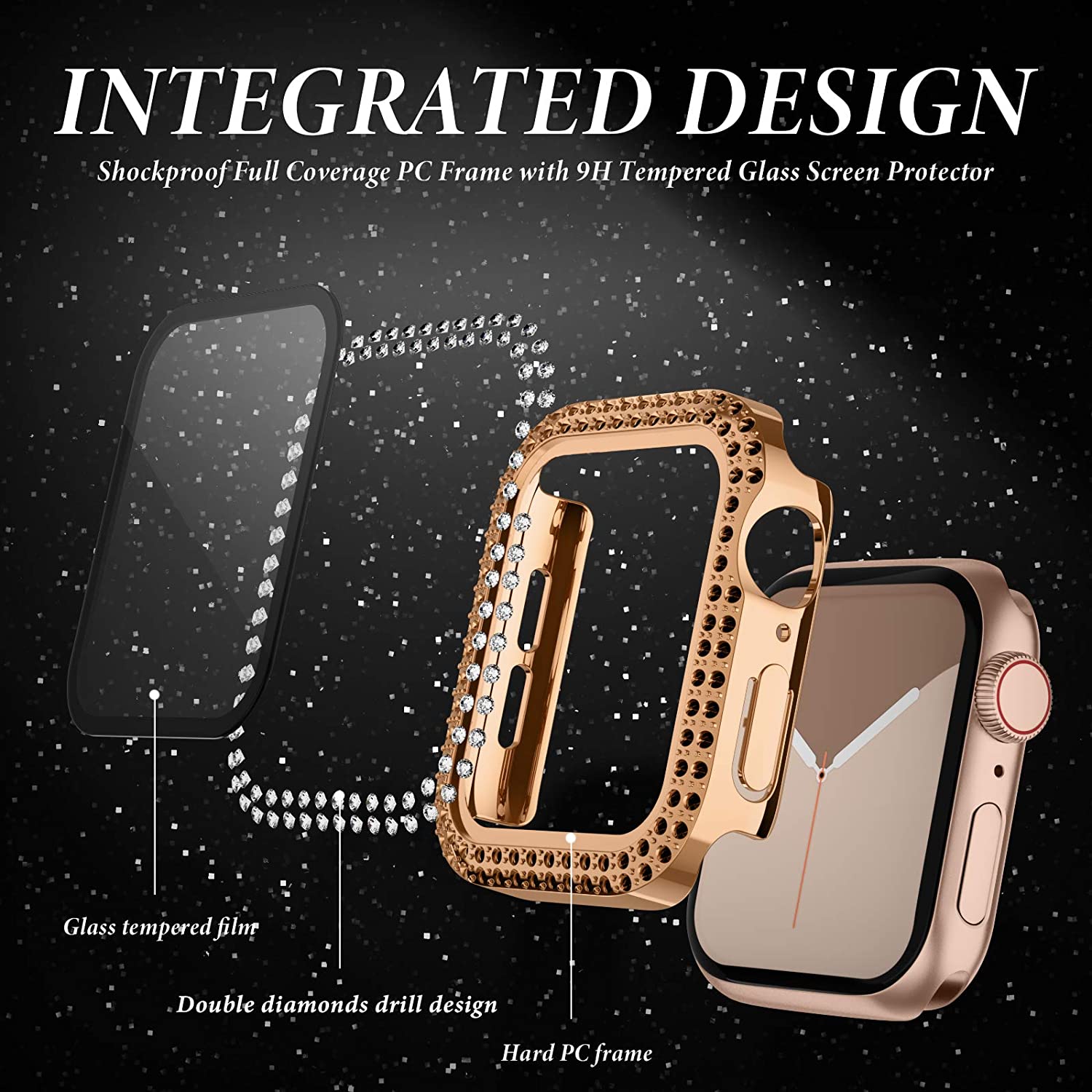 สําหรับ Apple Watch Case 45 มม.41 มม.44 มม.40 มม.38 มม.42 มม.เพชรกระจกนิรภัยป้องกันหน้าจอ iWatch Series 9 7 SE 6 8 5 4 3