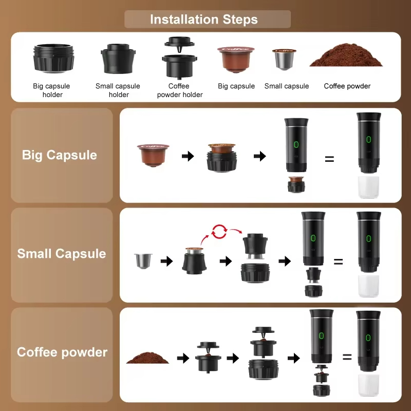 Drahtlose elektrische tragbare Espressomaschine für Auto und Zuhause, Camping, Kaffeemaschine, 3-in-1-Kapselpulver-Reise-Kaffeemaschine