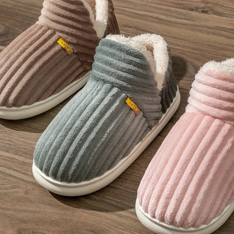 Winter Paar Stil Concise Streifen Wrap Heels Plüsch Hausschuhe Damen Nicht-slip Weiche Warme Flip-Flops Männer Hause Casual baumwolle Schuhe