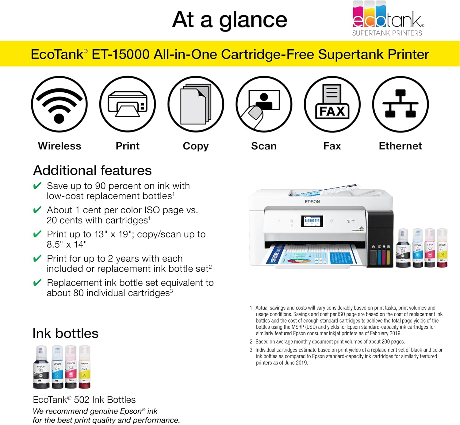 EcoTank ET-15000 Wireless Color All-in-One Supertank Printer with Scanner, Copier,Fax,Ethernet and Printing up to 13 x 19 Inches