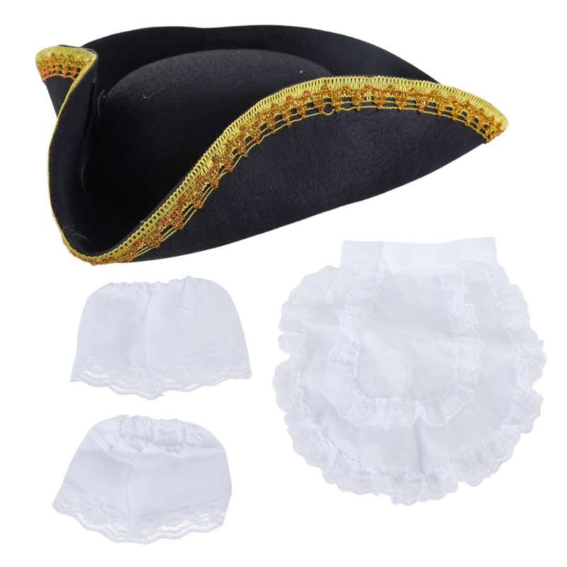 95AB Schwarzer Piratenhut, Kolonial-Dreispitzhut mit Goldbesatz, weiße Manschetten, Schürzenset, Halloween-Kostümhut, lustiger