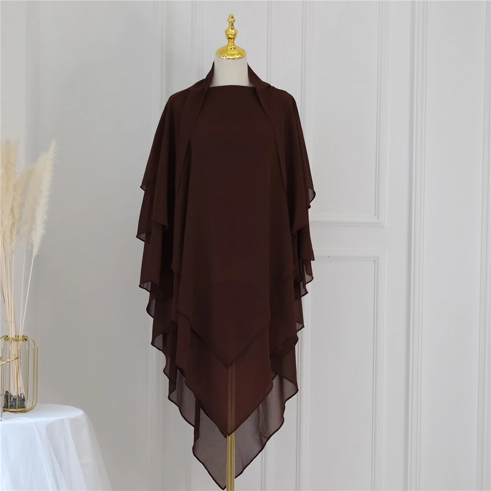3 層シフォンヒジャーブイスラム服ロングキマール祈りの服女性ヘッドカバーイスラム教徒スカーフ Niqab ラマダンイード頭飾り