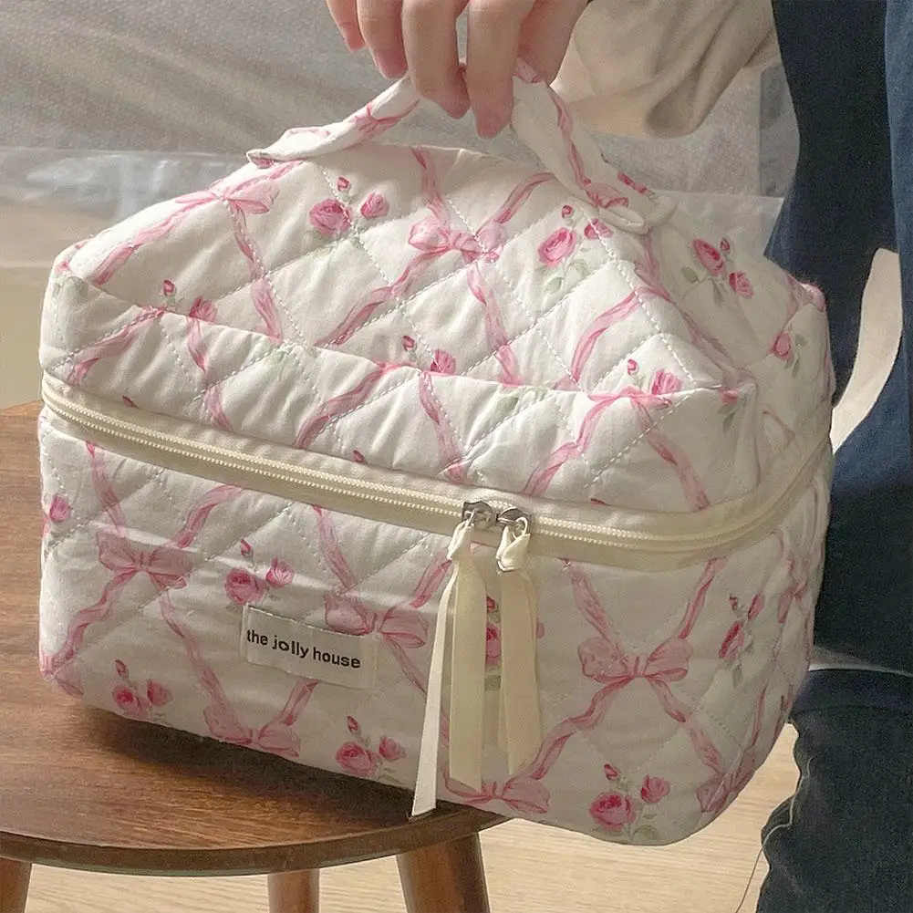 Bolsa de maquillaje de algodón acolchada con lazo y flores para mujer, organizador de cosméticos con cremallera, bolso de tela para mujer, estuche de aseo portátil para niñas
