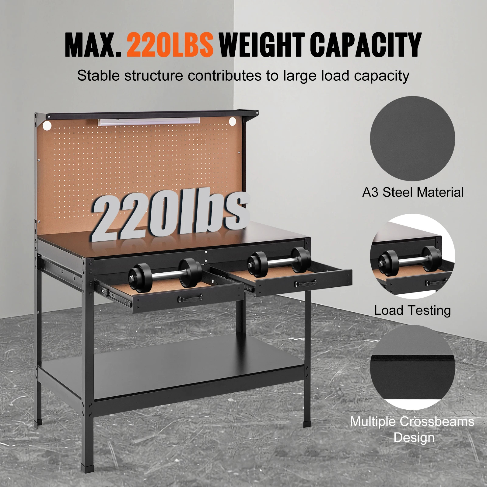 SucceBuy 220lbs Garege Workbench A3 Steel Work Bench with 2xUSB Ports & 30xHooks Workspace for Workshop Hardwood Working