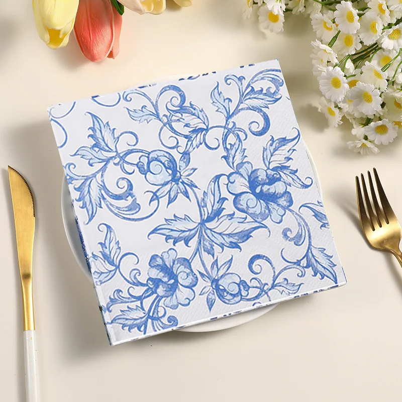 10/20pcs 33cm 2Layer Blue Flower Printed Napkins Chinese Style Blue and White Party Decoration Paper DIY Decoupage Paper