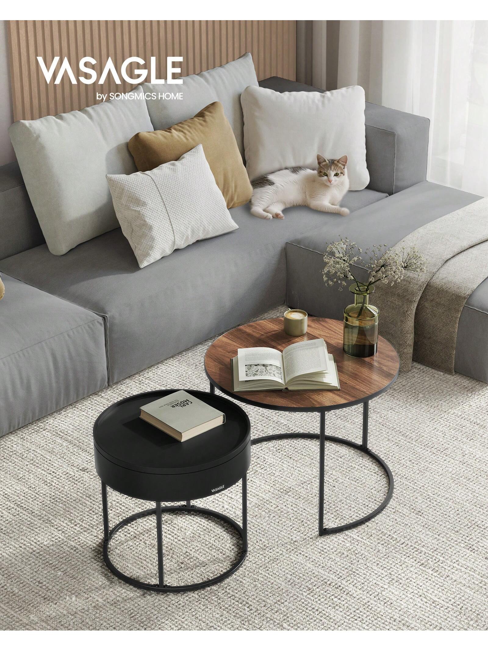 VASAGLE mesas de centro: Juego de 2 mesas redondas de anidación Estilo moderno con almacenamiento oculto y bandeja superior Para sala de estar, dormitorio