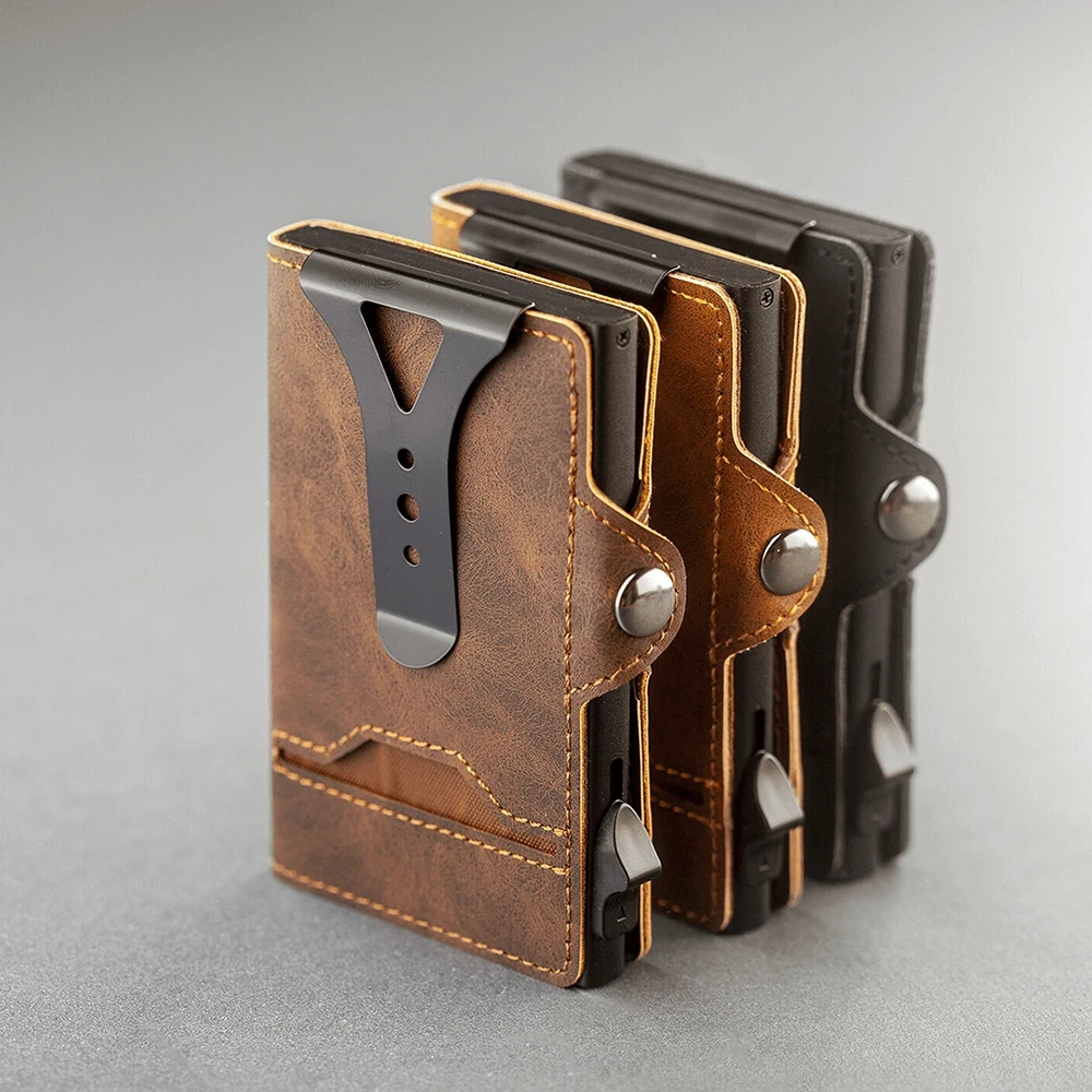 CASEKEY nueva cartera de moda para hombre, tarjetero emergente de cuero Pu, billetera inteligente minimalista delgada antiRFID con Clip para dinero y ventana de identificación