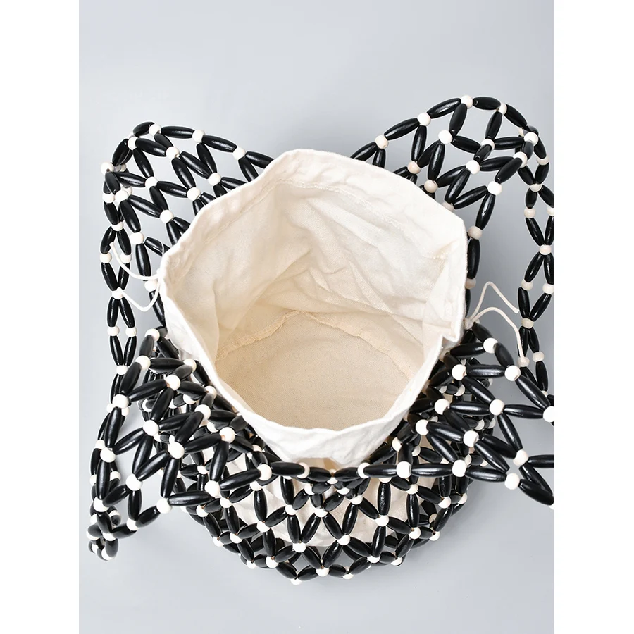 Bolso de mano tejido para mujer, diseño de verano, bolso de mano con cuentas de madera huecas, bolso de hombro tipo Bombonera, bolso de playa de lona con red reticulada para mujer