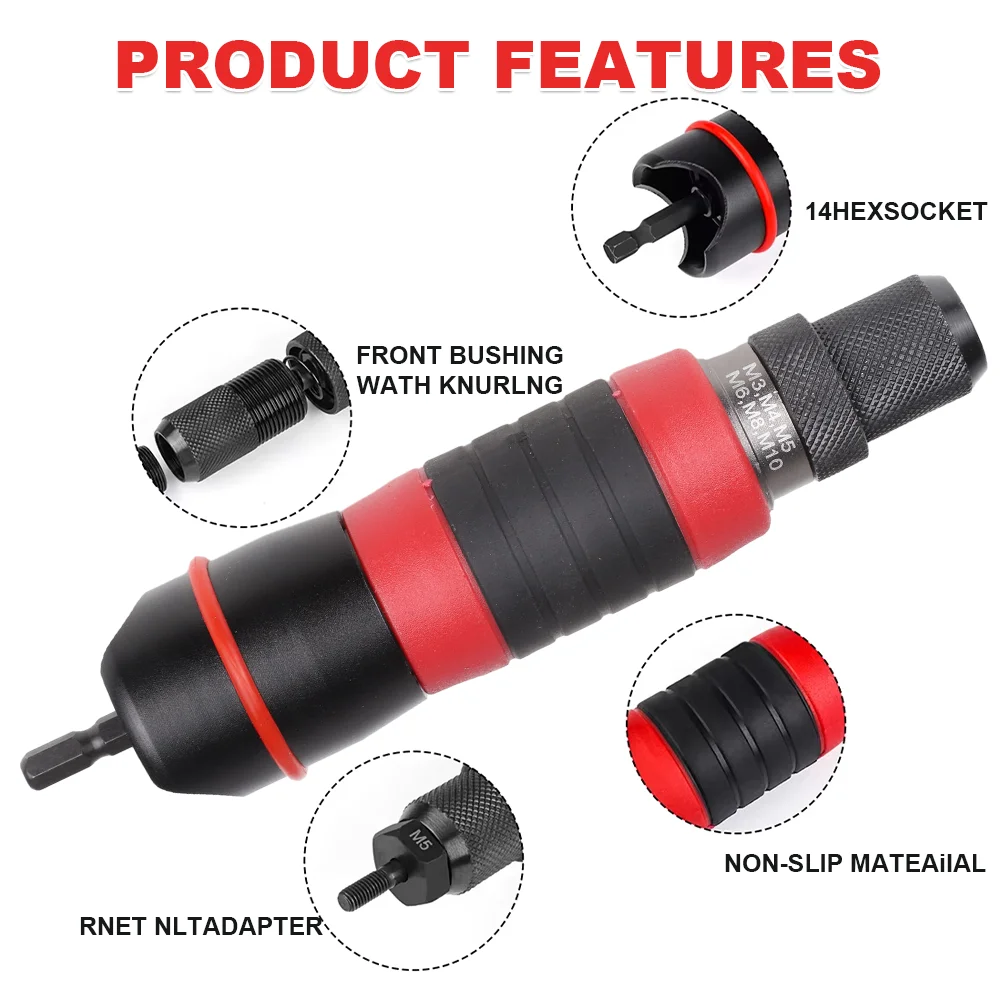 M3 M4 M5 M6 M8 M10 Electric Rivet Nut Gun Adapter Plug-in Nut Quick Riveting Tool Rivet Nut Tool Converter