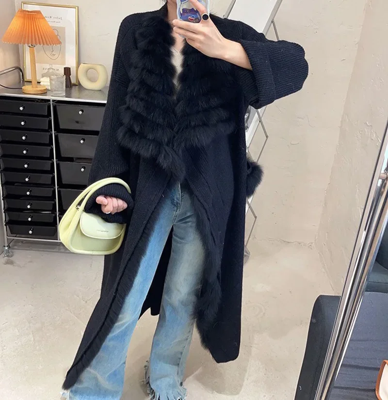 女性のためのキツネの毛皮のトリムベルト付きニットカーディガン,ロングコート,女性のファッションセーター,秋冬,2024