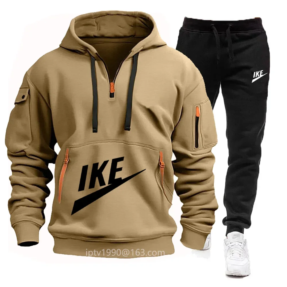 Sudadera con capucha para hombre y pantalones de chándal informales, chándal de dos piezas con cremallera y traje para correr con múltiples bolsillos