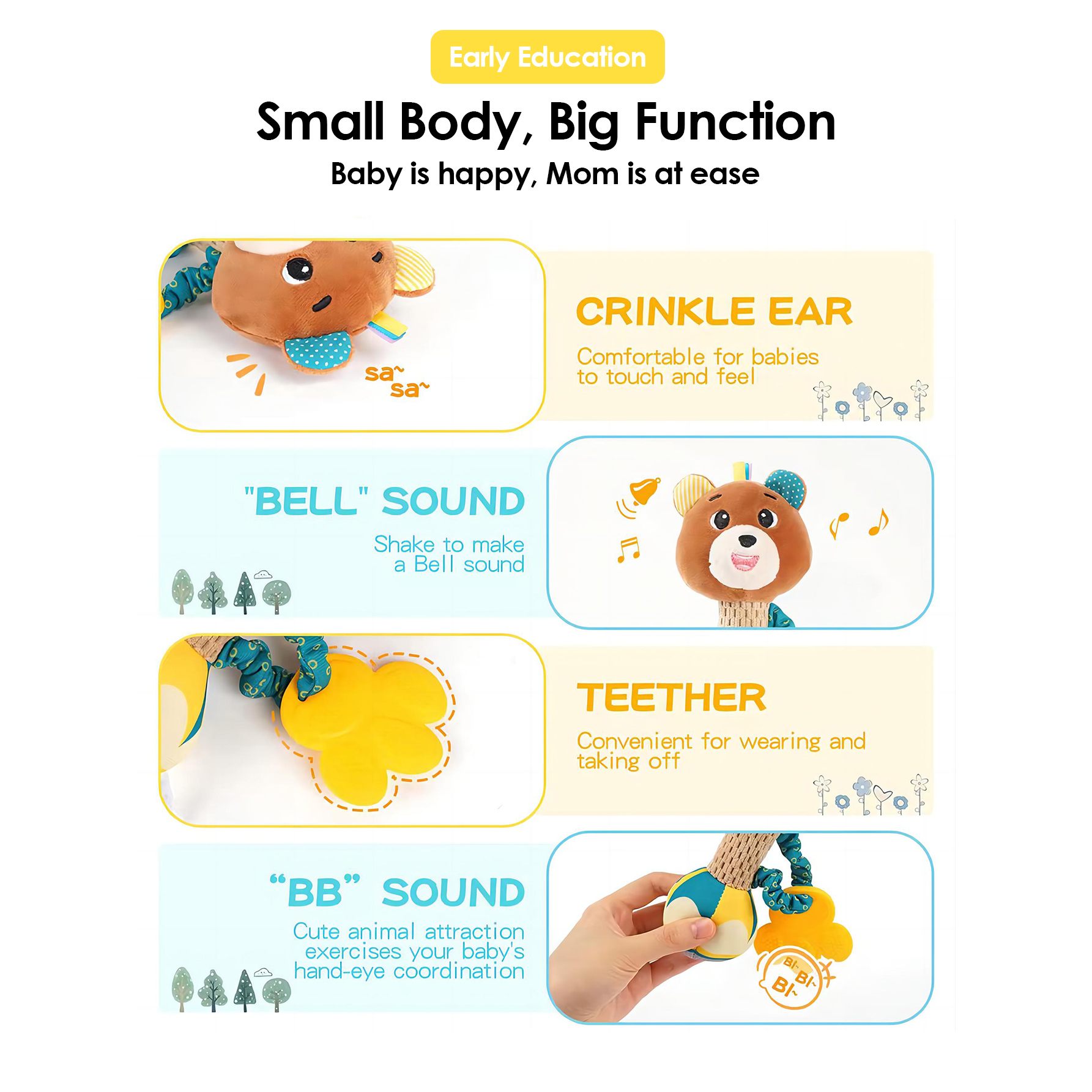 1 stücke 0-6 monate Dental Gum Hand Grip Plüsch Puppe Kann Biss Praxis Greifen Eltern Baby Interaktive Puzzle rassel Beruhigende Spielzeug