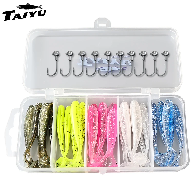 TAIYU 36 stks/set Hoge Kwaliteit 5 Kleuren Zachte T-staart Vissen Lokt Kit Met Lood Hoofd Haken Outdoor Kunstmatige bionische Aas Met Doos