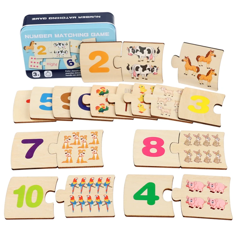 Boîte en fer pour enfants, illumination des nombres, planche de Puzzle de nourriture animale en bois, jeu d'entraînement à la pensée logique, jouets éducatifs