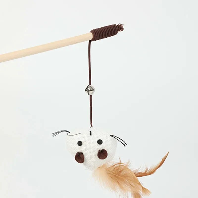Jouets Teaser pour chat de 40cm, baguette en lin et plumes, attrape-chat, jouets interactifs, tige en bois, jouet souris avec Mini cloche