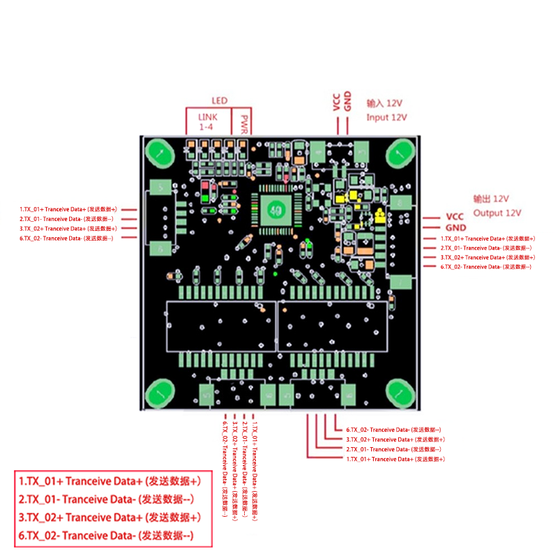Interruptor ethernet industrial de 38mm, 4 portas, 10/100m, rede ethernet, 5v/12v/15v, entrada de energia, temperatura-40 a 75 ℃