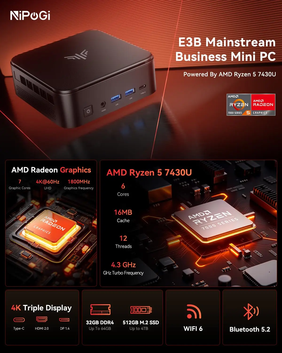 ACEMAGIC E3B MINI PC AMD Ryzen ™   5 7430U-processor 16 GB DDR4 512 GB M.2 2280 SSD Wifi6 BT5.2 4K bij 60 Hz UHD Windows 11 Pro