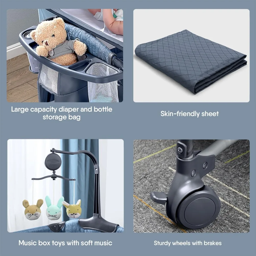 Bassinet Bedside Crib, Pack and Play with Sheet, Diaper Changing Table and Music Mobile from Newborn to Toddles, Portable