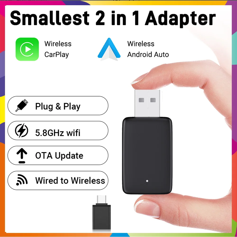 Adaptador carplay 2 em 1, sem fio e com fio, plug & play, apple carplay box, android, tela automática, conexão rápida, wi-fi, bt, atualização ota