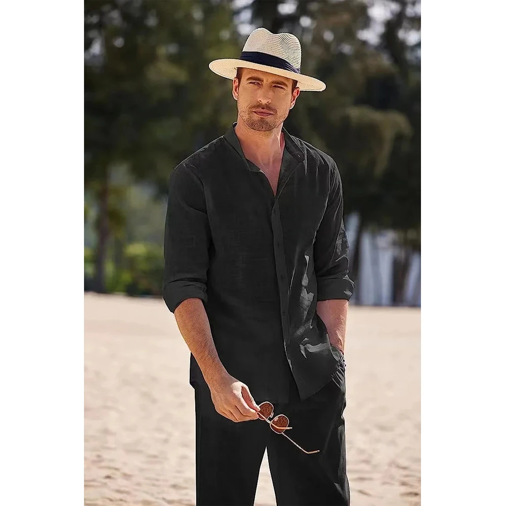 Herren Casual Baumwolle Leinen Zweiteilige Sets Strand Vintage Basic Hemden und Hosen Einfarbig Casual Anzug Männliche Hawai Trainingsanzüge Set