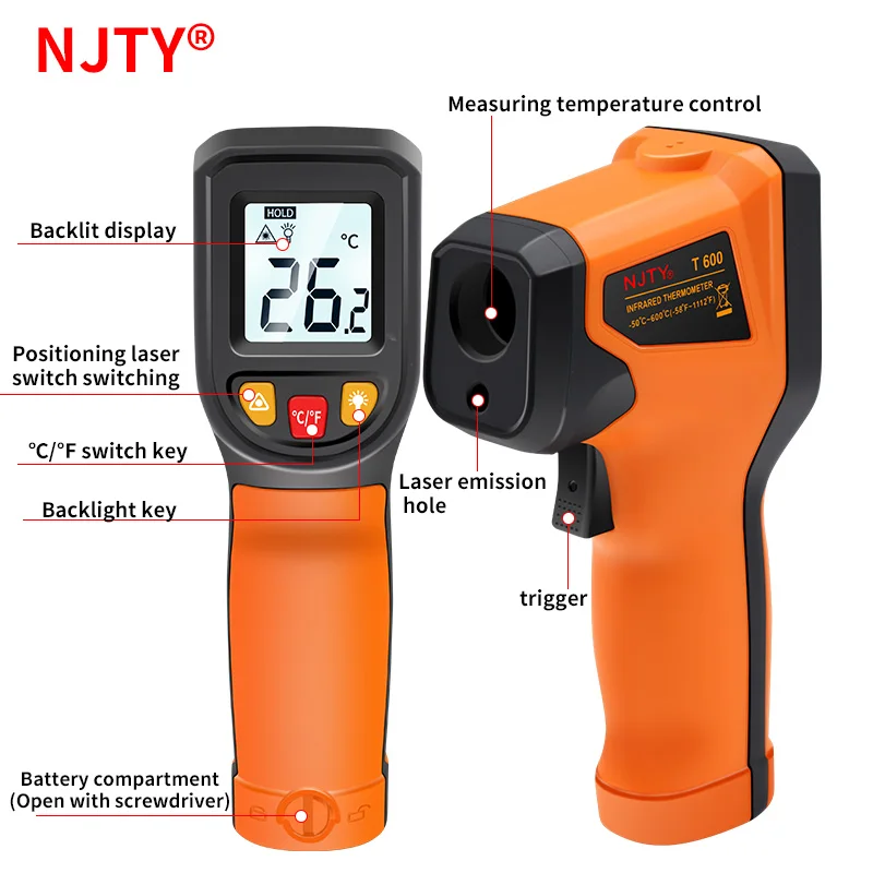 NJTY Digital Infrared Thermometer -50~600℃ Handheld Industrial Temperature Measuring Gun Non-Contact IR Pyrometer Gauge Tools