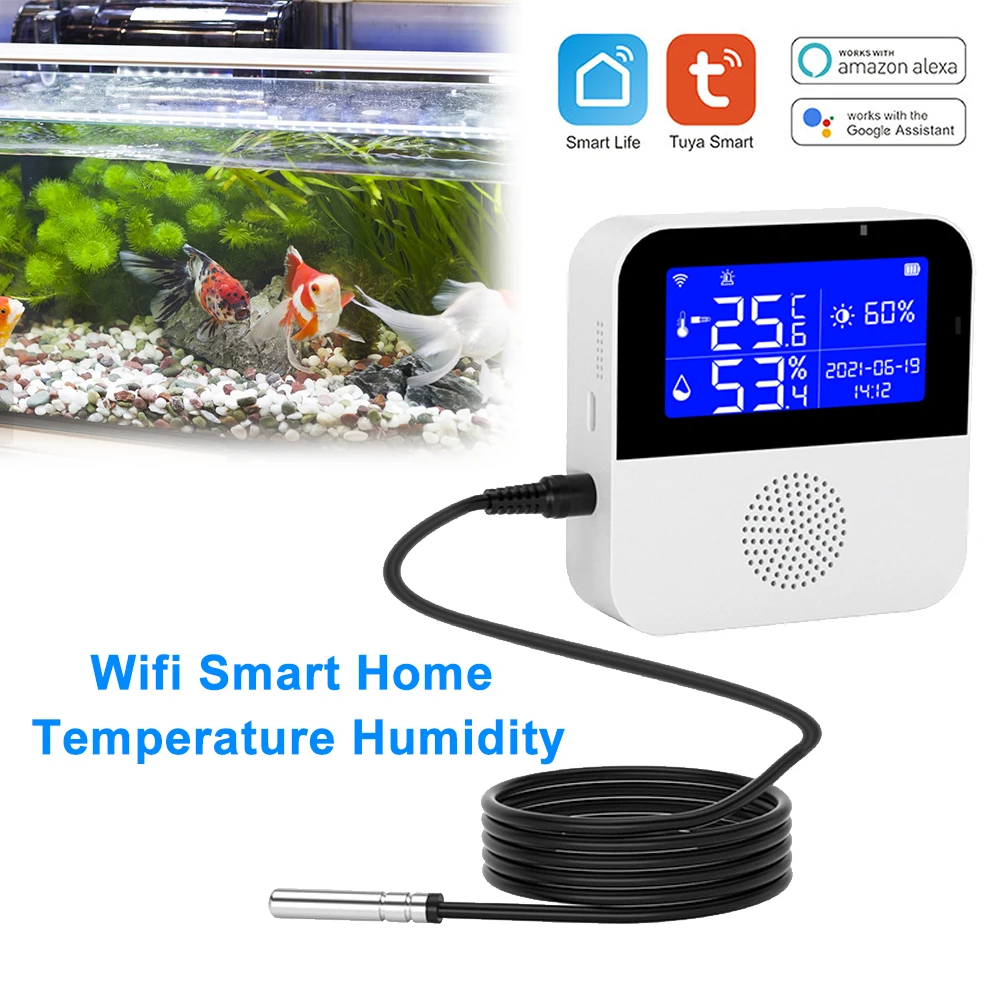 Pantalla LCD Tuya WIFI Sensor de temperatura y humedad para hogar inteligente o crecimiento de plantas de alta precisión con línea de temperatura del agua