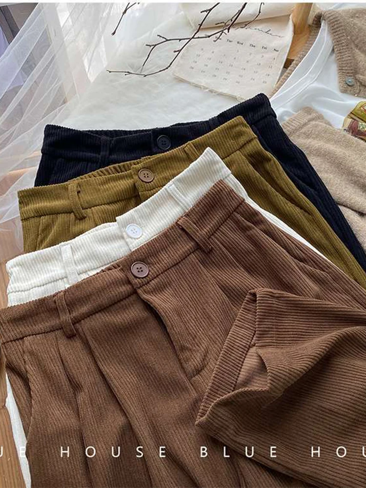 Pantalones Vintage de pana de cintura alta para mujer, pantalones rectos informales de longitud completa, moda coreana, pantalones negros que combinan con todo, primavera y otoño