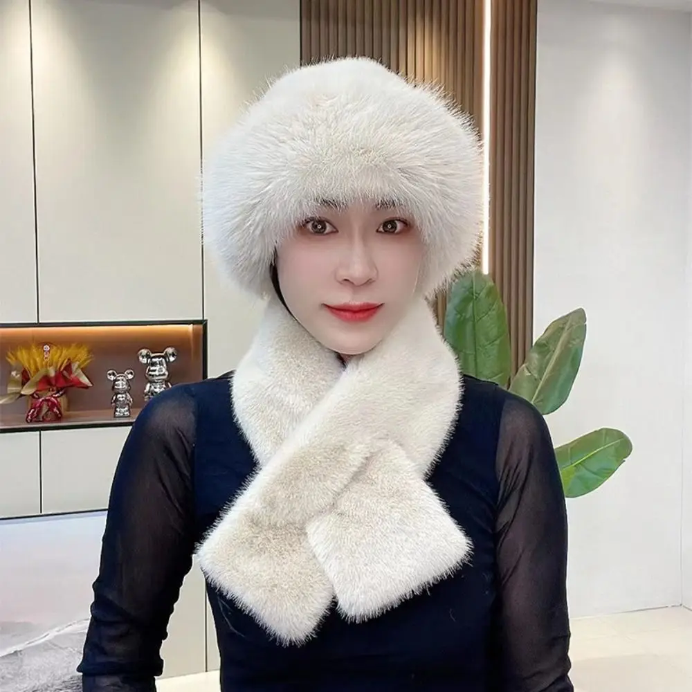 Set di sciarpe per cappelli invernali in pelliccia sintetica alla moda, antivento, spesso e caldo, avvolgente per il collo, protezione per le orecchie in tinta unita