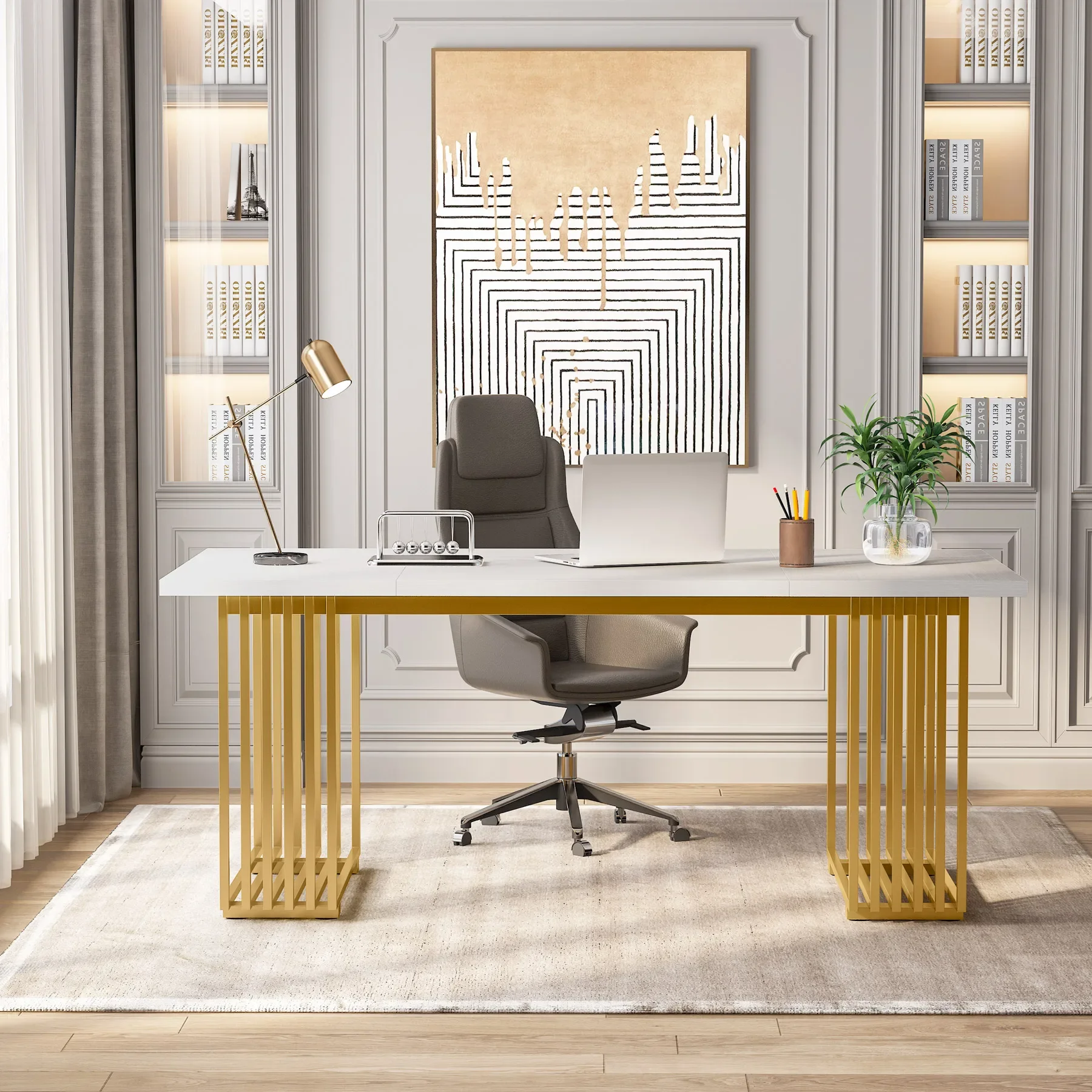 Tribesigns Moderner Büroschreibtisch, 70,9-Zoll-Computertisch aus Holz, Executive-Schreibtisch mit goldenen Metallbeinen, große Arbeitsplatz-Heimbüro