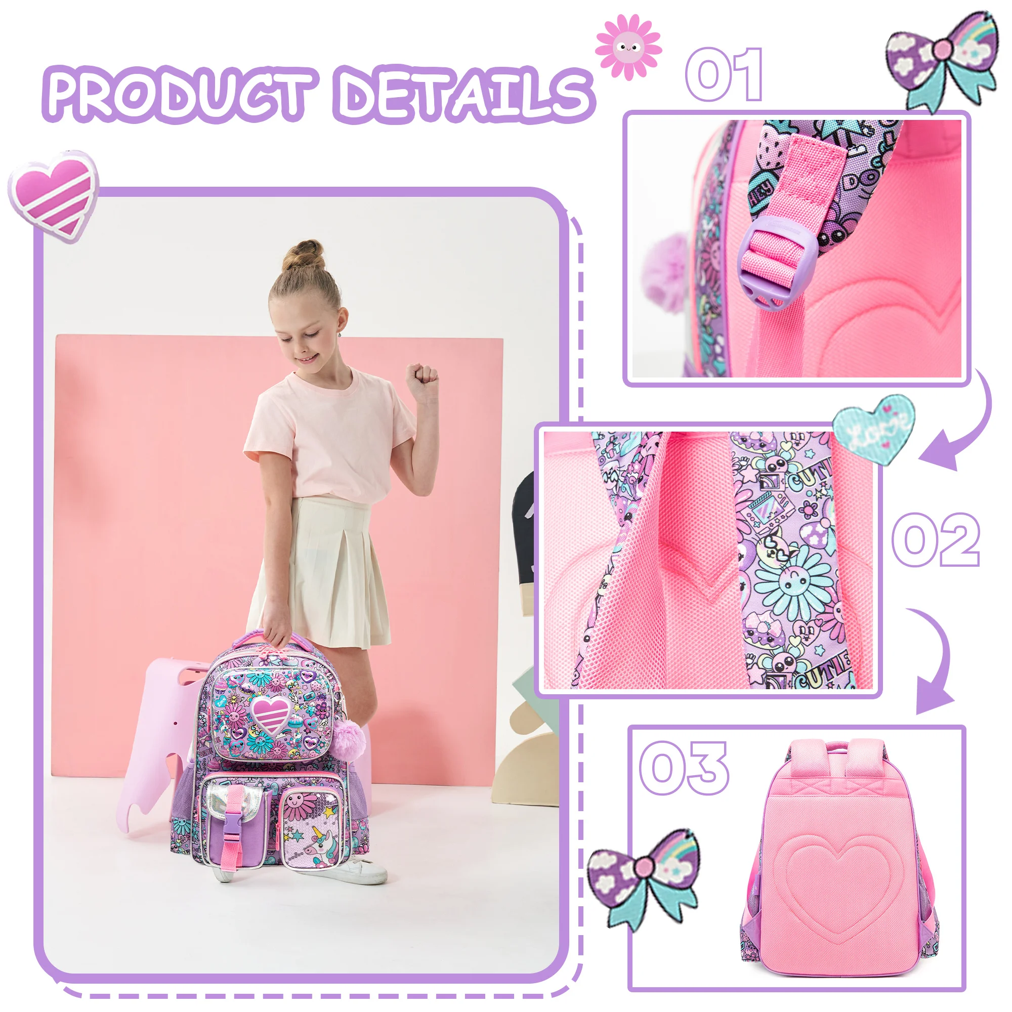Mochila escolar para meninas com lancheira, estojo para lápis, design de casca dura com vários bolsos, alças ajustáveis para viagens escolares ou piqueniques