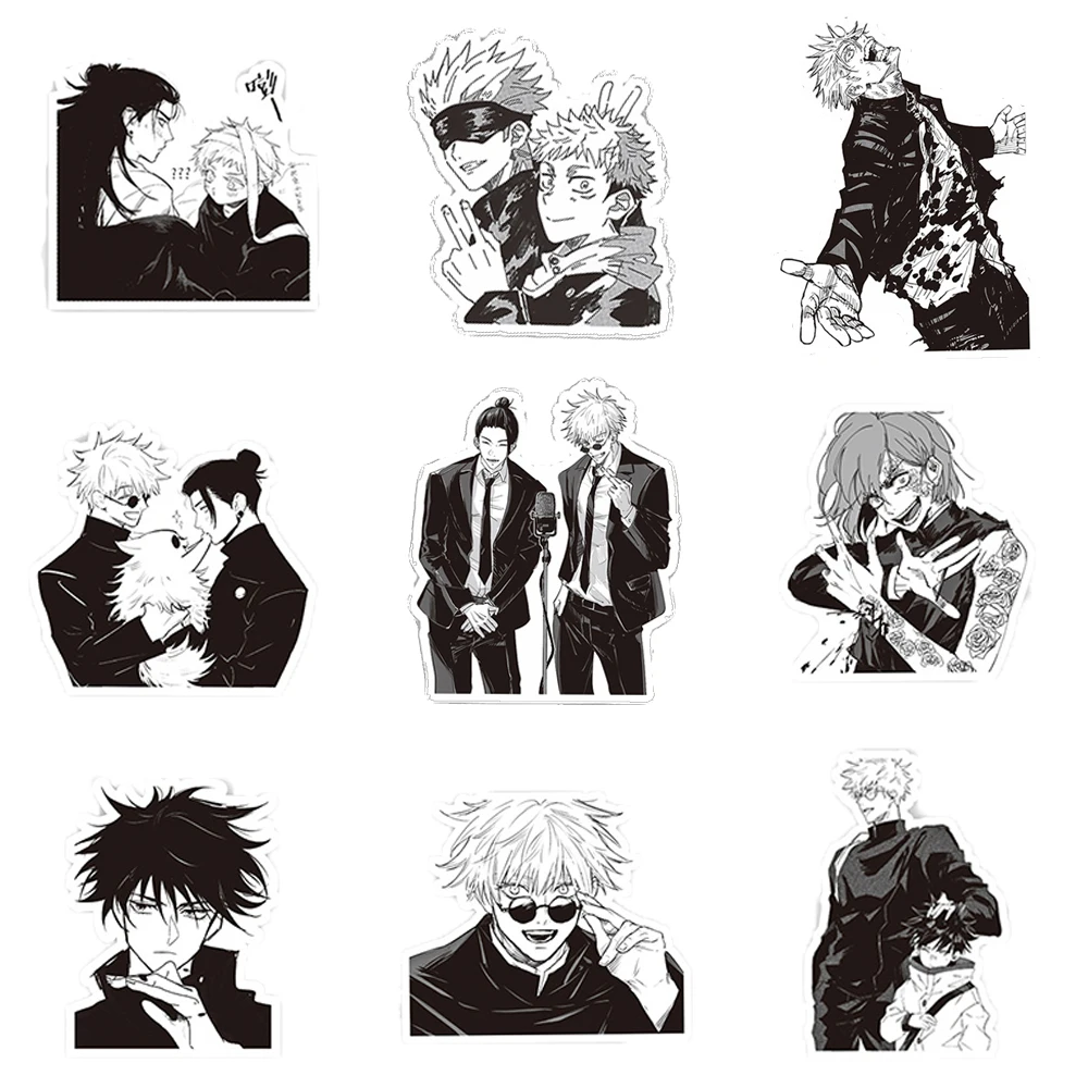 10/30/65pcs 블랙 화이트 Jujutsu Kaisen 애니메이션 스티커 DIY 컴퓨터 전화 케이스 일기 멋진 만화 비닐 장식 스티커 데칼