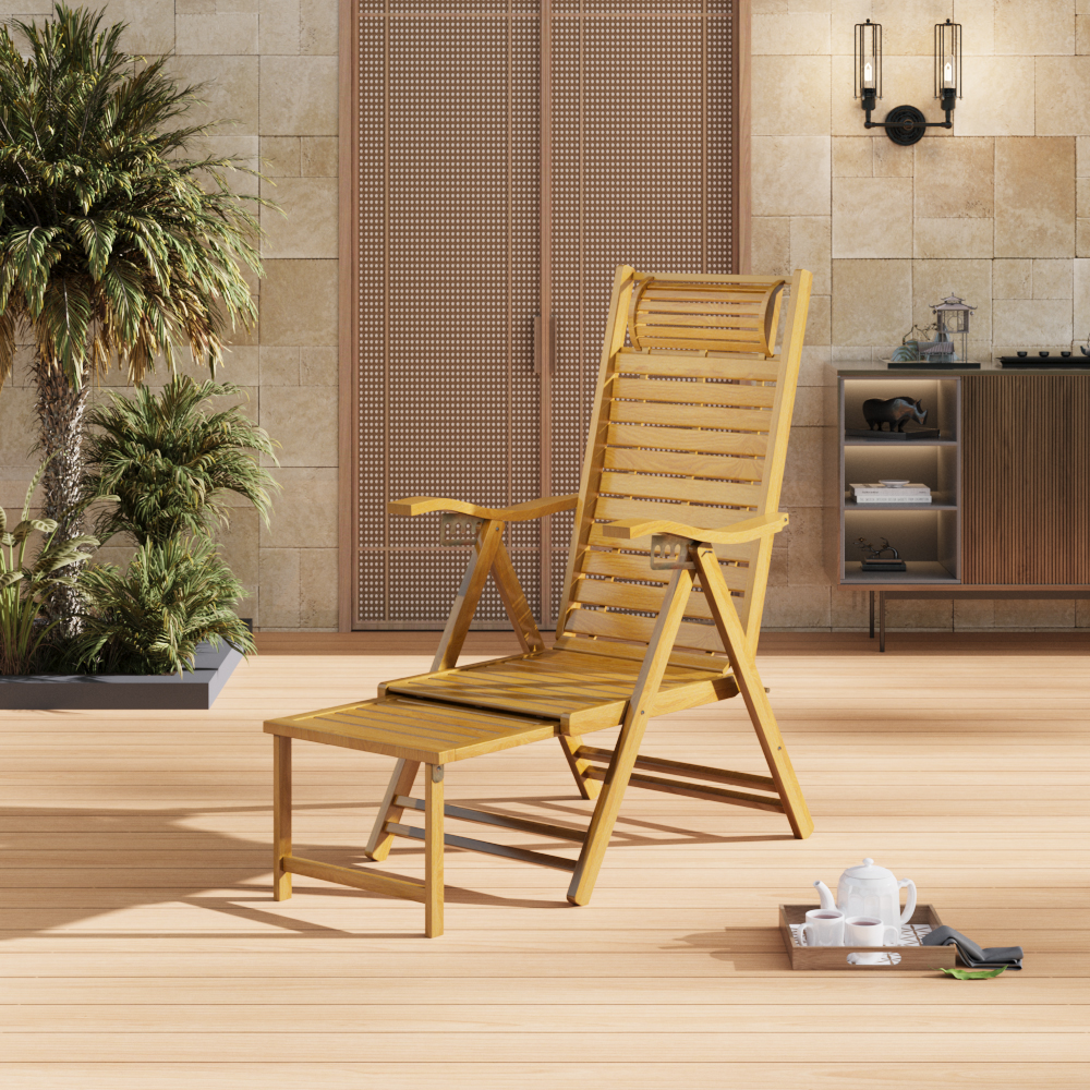 【Breeins】Bamboo Foldable Recliner Lounge Chair with Retractable Footrest Outdoor