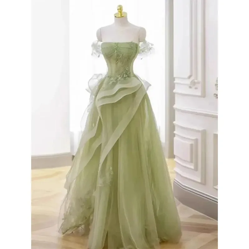 Nova grama verde fora do ombro longo senhora menina vestido de dama de honra desempenho dança vestido de baile