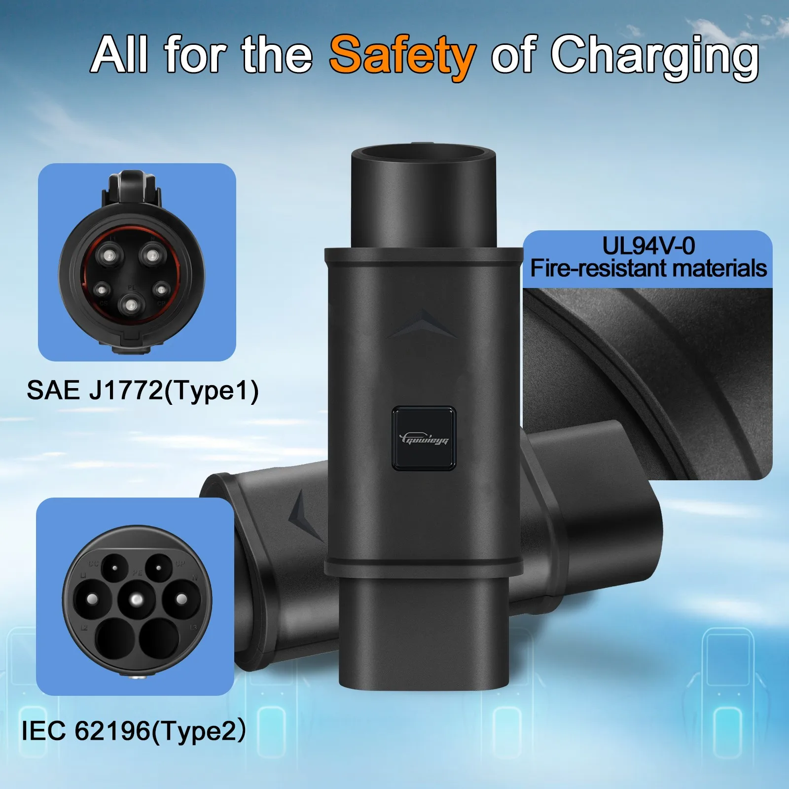 Type2 - Type1 EV 充電器アダプター 32A 単相 Type 2 充電器と互換性あり、Type 1 充電ソケット付き電気自動車用