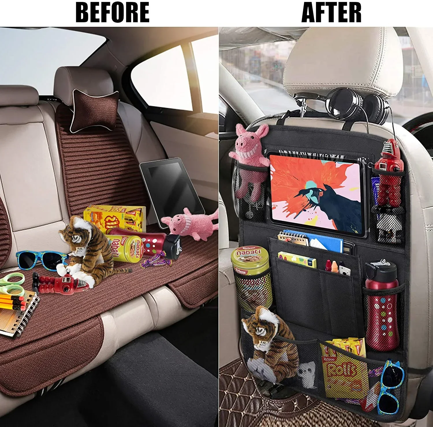 Acessórios para carro de bebê, guarnição para armazenamento de assento de carro infantil, capa traseira à prova de chute, bolsa de armazenamento com tela sensível ao toque, almofada de assento de carro
