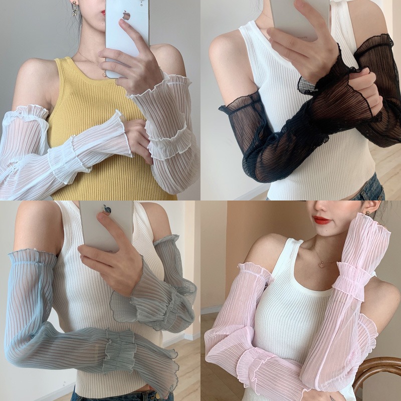 Elegante manga de encaje de verano, cubierta protectora para brazo, manga parasol con borde de gasa de seda helada para mujer, para conducir en coche