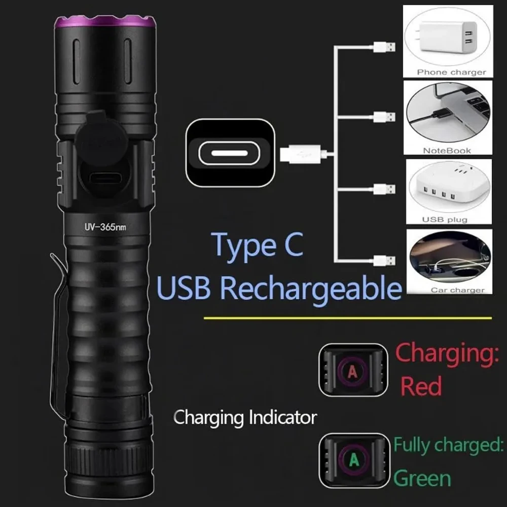 365/395nm UV Flashlight Zoom Type-C USB Rechargeable Black Light For Identification,Pet Urine Detection,Scorpion With Battery