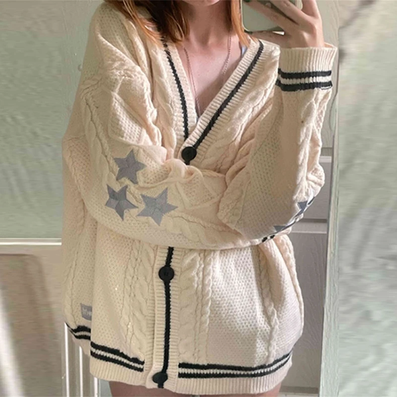 Malha impressão inverno cardigan camisola chique vintage estrela preppy manga longa outono decote em v estética retro único breasted suéteres