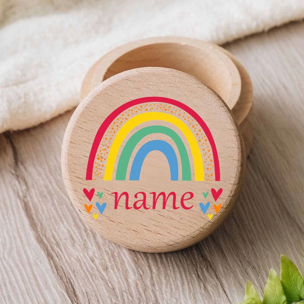 Personalised Rainbow with Name Engraved Baby Tooth Box Keepsake Teeth Umbilical Curl Hair Wooded Collect Case Infant Shower Gift