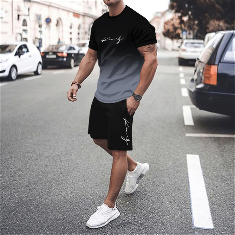 O mais recente conjunto de camiseta e shorts gradiente 3D masculino manga curta O-pescoço top casual e elegante conjunto de roupas esportivas de skate