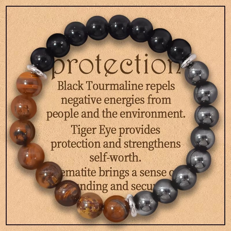 Pulsera de triple protección: Ojo de tigre, obsidiana negra y hematita Cristales de protección redondos de 8 mm (pulsera elástica de piedras preciosas)