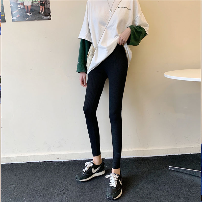 2024 新グレー女性のレギンスハイウエストフリース裏地痩身タイトベースレイヤーパンツ 9 歯の長さ春秋冬