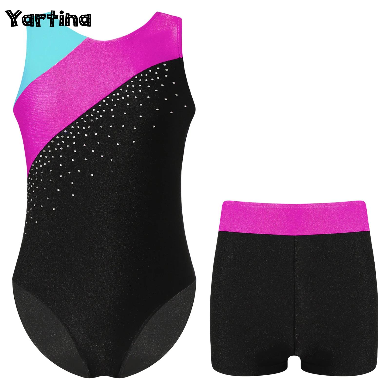 Dziecięce dziewczęce błyszczące Rhinestone trykoty gimnastyczne trykoty do tańca baletowego body z zestawem spodenek koszulka baletowa Unitard Dancewear
