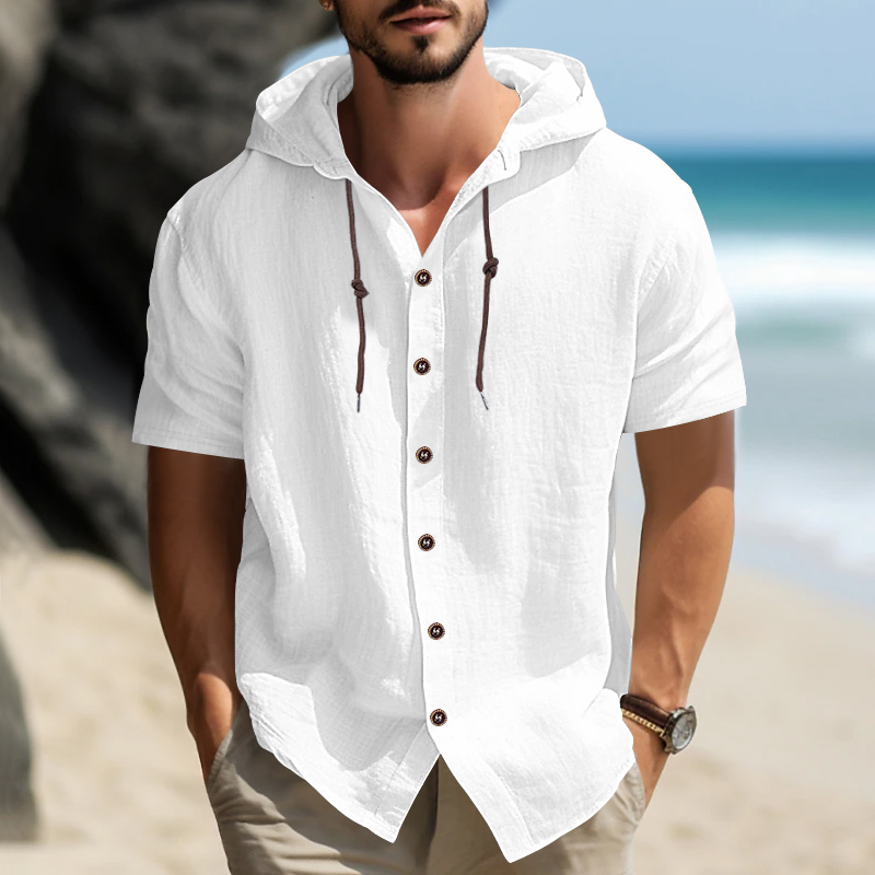 Sommer-Baumwoll-Leinen-Herren-Kurzarmhemd in US-Größe, einfarbiges, lässiges T-Shirt mit Kapuze, Herrenbekleidung in Übergröße