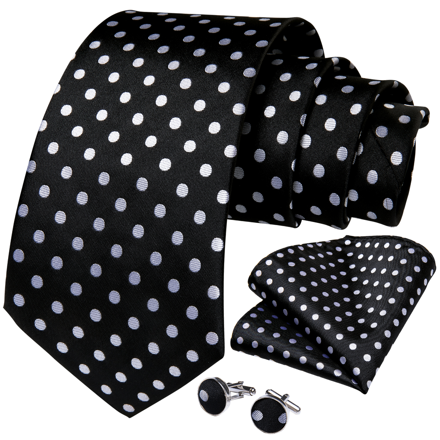 สีขาว Dot Black Silk Ties สำหรับผู้ชายธุรกิจงานแต่งงาน8Cm ผู้ชายคอ Tie Pocket Square Cufflinks ผู้ชายตกแต่งเครื่องแต่งกายของขวัญ