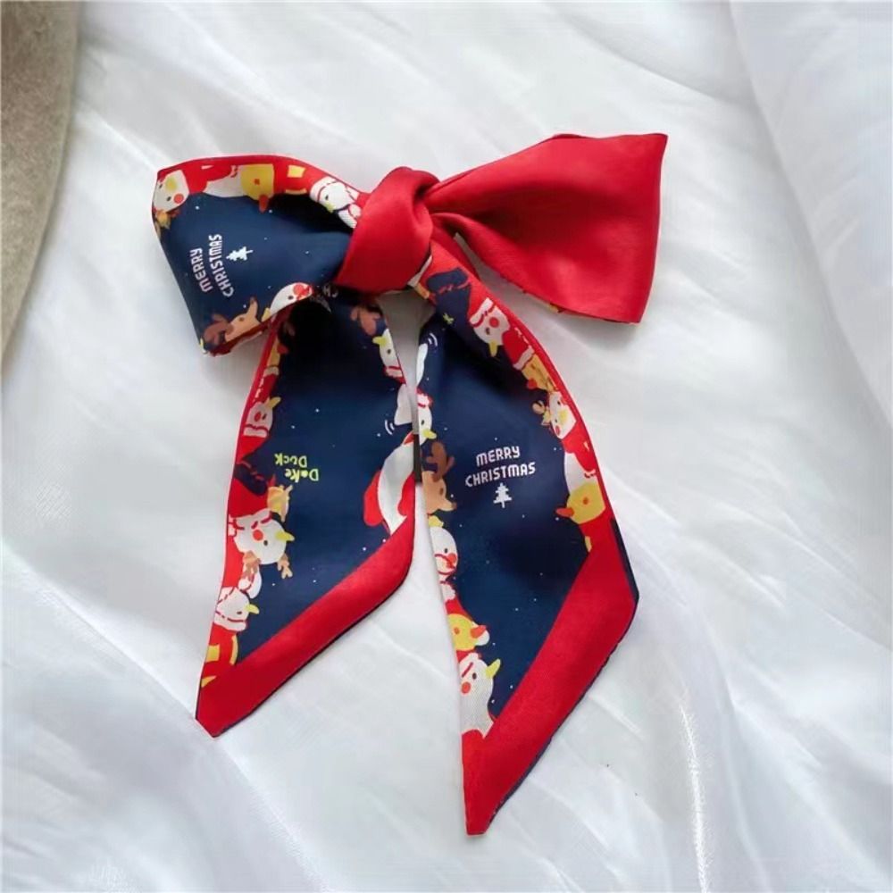 Retro Ribbon Headband Christmas Silk Scarf Red Santa Claus New Year Scarf Neckerchief Elk Long Scarf Women