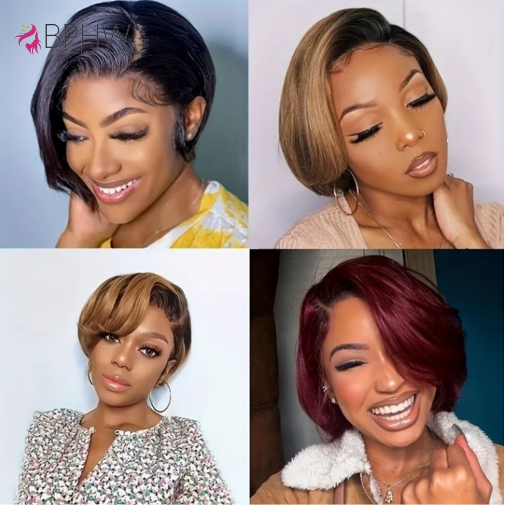 Menselijk haar 13x4 korte pixie-cut haarkant voor vrouwen Zwarte pixie-cut transparante frontale pruik Gelaagde rechte pixie-cut pruiken