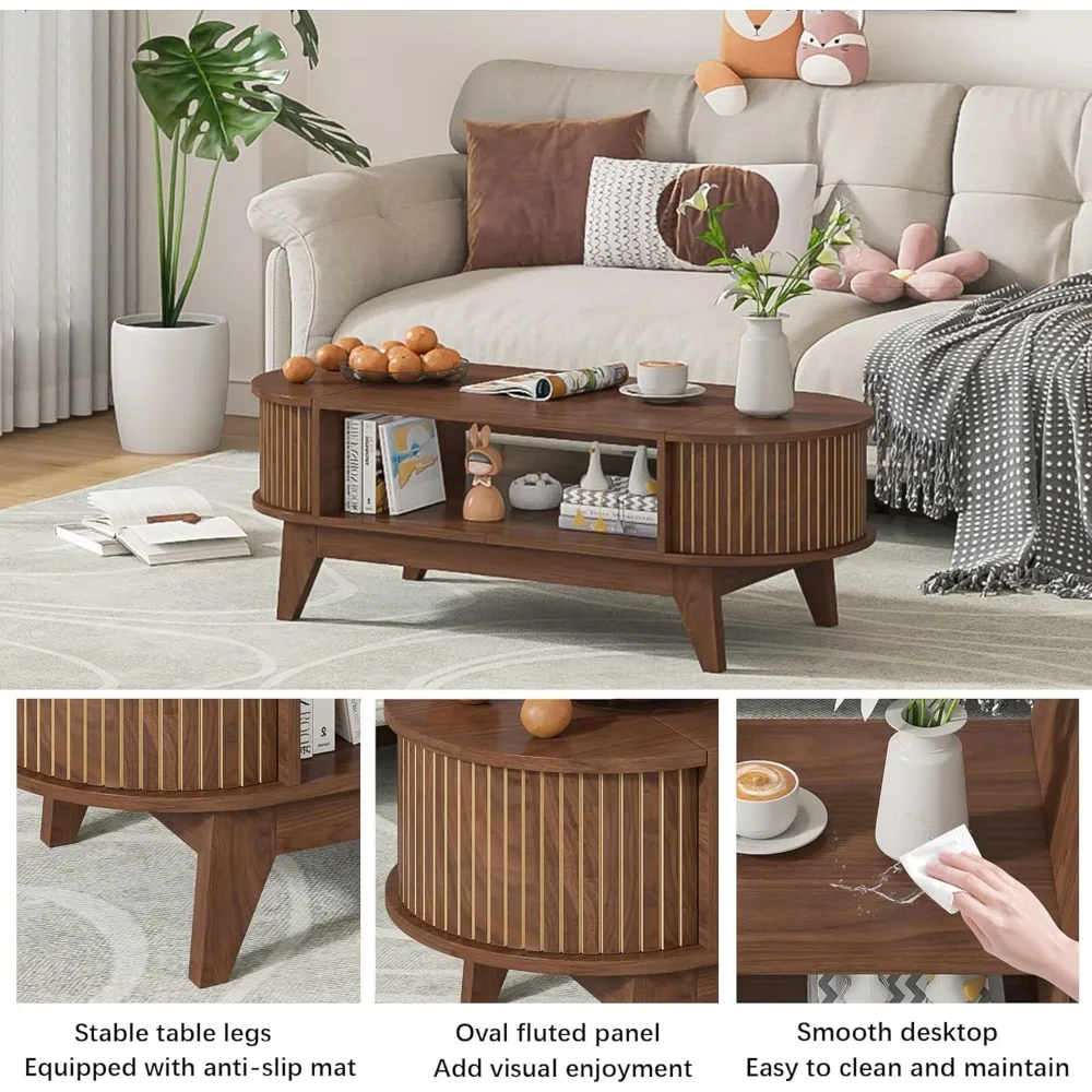 Couchtisch mit Stauraum, moderner Mid-Century-Couchtisch mit 2 klappbaren versteckten Deckeln, geschlitztem Couchtisch, Mitteltisch aus Holz