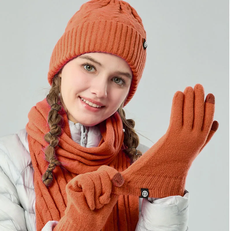3pcs Women Winter Long Scarf  Beanie Hat Gloves Set Solid Color Fushia Red Yellow Winter Cap Thick Warm Double Layers